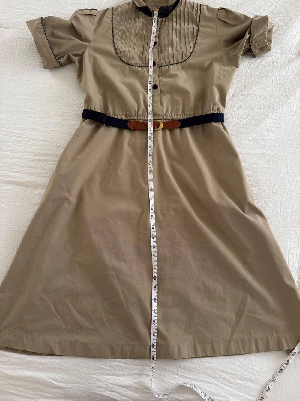 Vintage Millicent California Khaki Shirt Dress Pintuck Bib Puff Sleeve - Picture 9 of 9